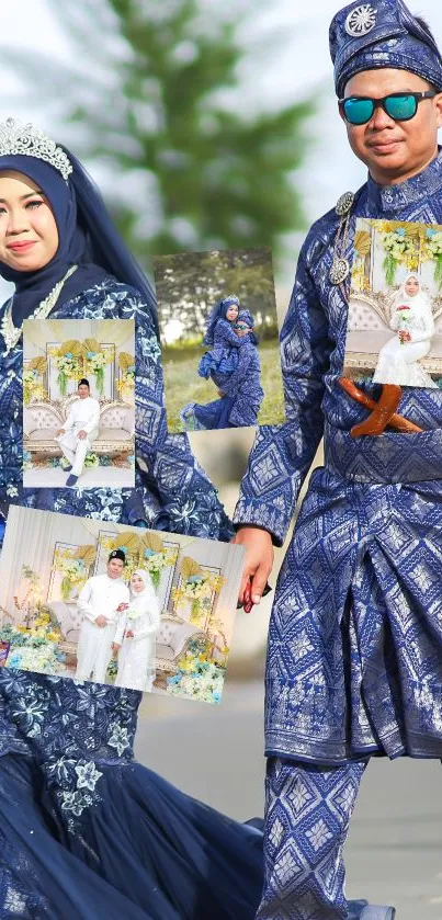 Elegant couple in royal blue traditional wedding attire outdoors.