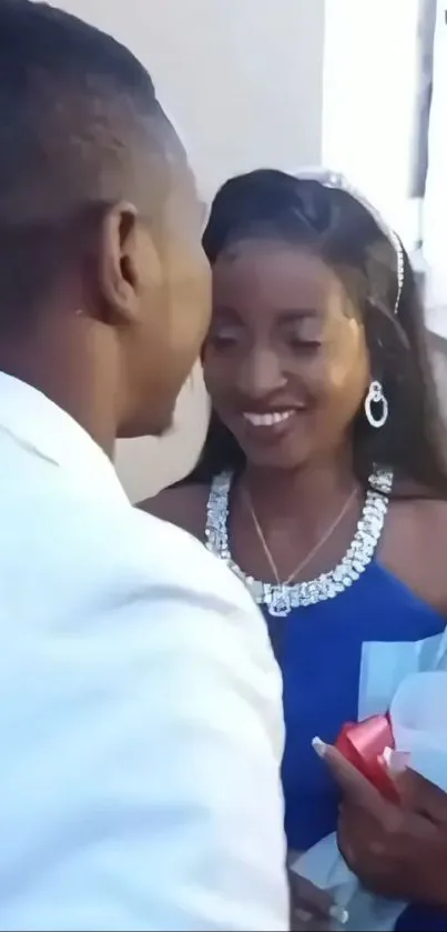 A couple elegantly dressed in a wedding moment with a blue theme.