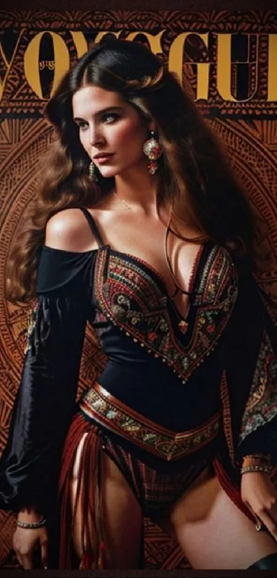 Elegant woman in bohemian fashion with intricate background pattern.