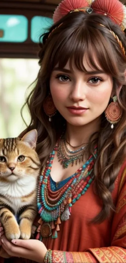 Bohemian girl with cat in vibrant orange attire.