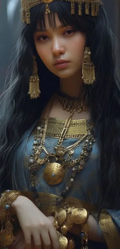 Bohemian style portrait with gold jewelry and blue-gray tones.