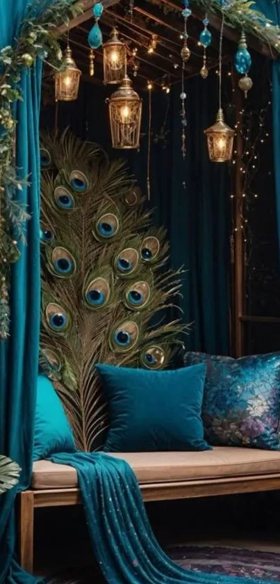 Turquoise bohemian nook with peacock decor