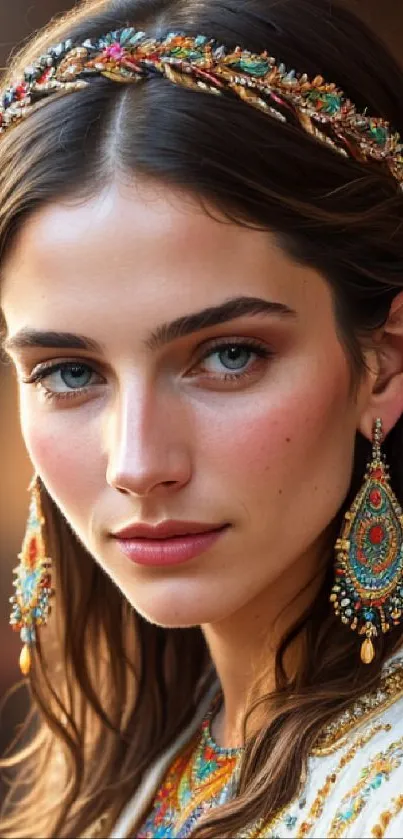 Bohemian woman portrait with colorful jewelry on a warm background.