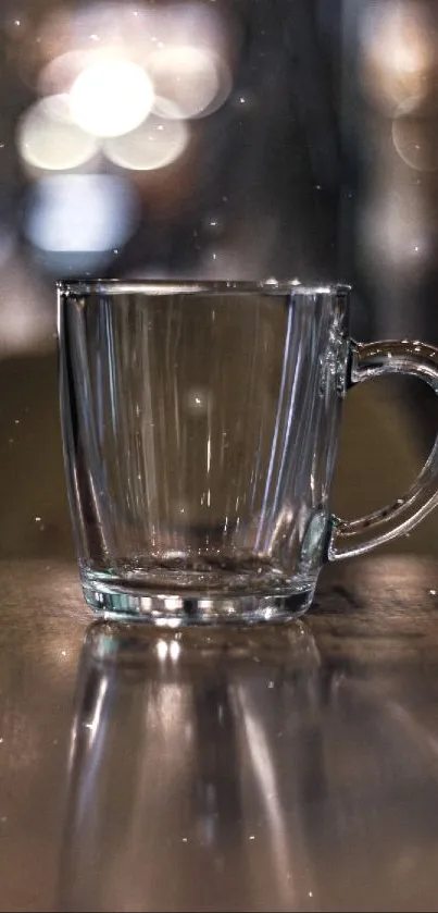 Elegant glass cup with bokeh background on wooden table.