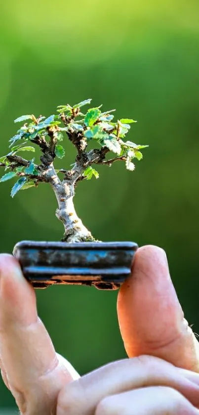 Bonsai tree held gently in hand with a vibrant green background.