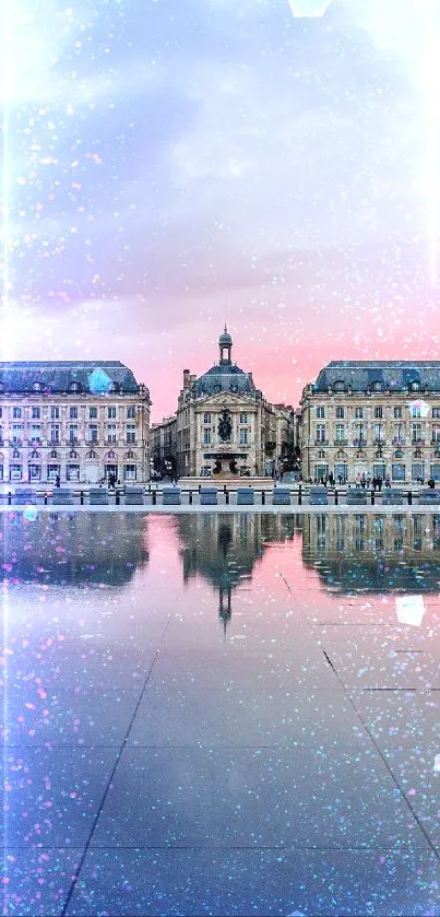 Bordeaux architecture reflecting in water at sunset.