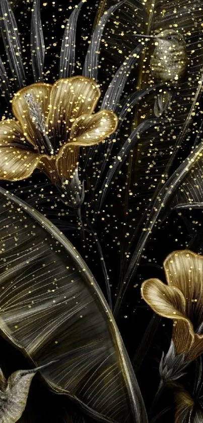 Gold flowers and hummingbirds on dark background wallpaper.