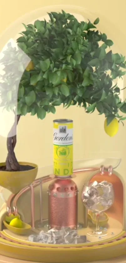 Botanical design with tree, bottle, and lemon under glass dome.