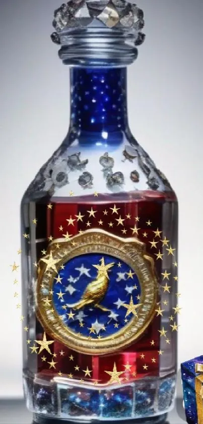 Elegant bottle with gold and starry design against a colorful backdrop.