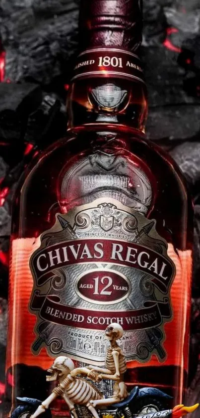 Chivas Regal bottle on glowing embers background.