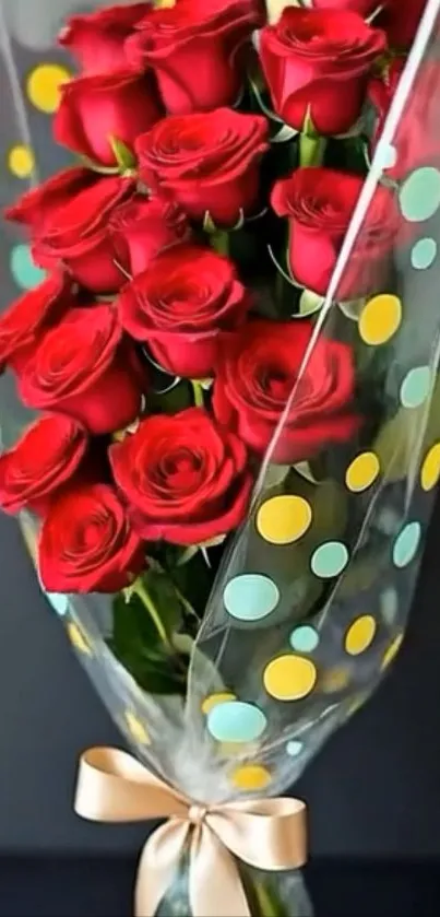 Bouquet of red roses wrapped in polka dot cellophane.