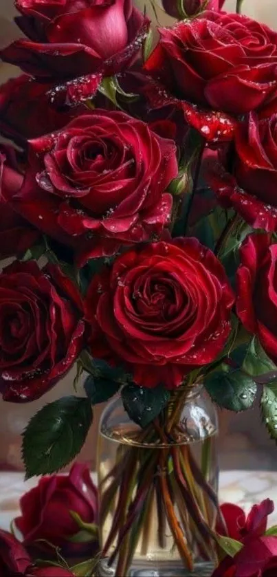 Mobile wallpaper with a bouquet of red roses in a vase.