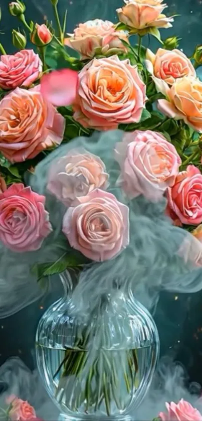 Elegant bouquet of roses in misty vase.