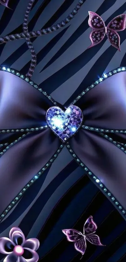 Elegant purple bow with butterfly accents on wallpaper.
