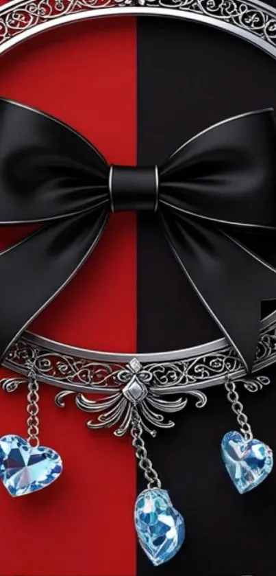 Elegant black bow with blue heart jewels on red background.