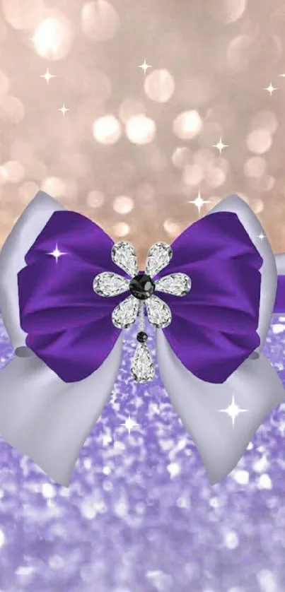 Elegant purple bow with diamond accents on glittery background.