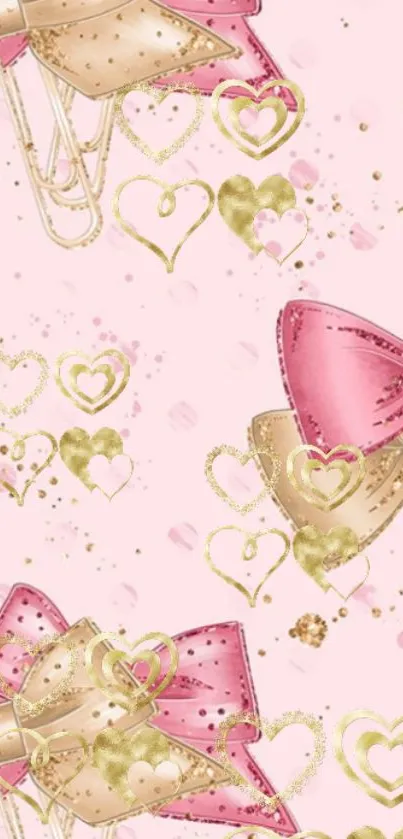 Elegant pink and gold bows with heart pattern wallpaper.