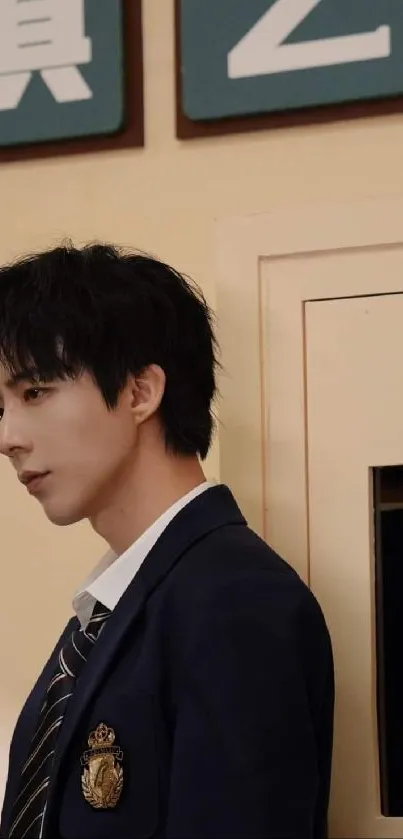 Stylish young man in school uniform posing thoughtfully against a beige wall.