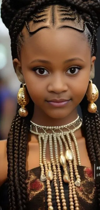 Elegant portrait with braided hair and exquisite jewelry.