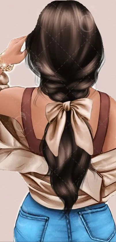 Illustration of a woman with a stylish braided hairstyle, wearing a beige bow.