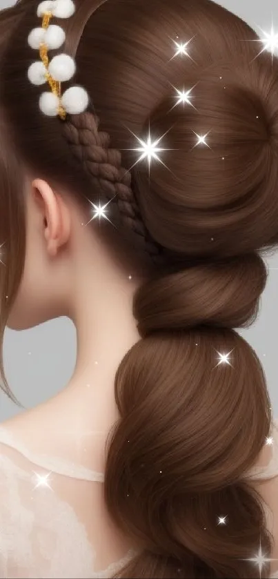 Elegant braided hairstyle with pearls on gray background.