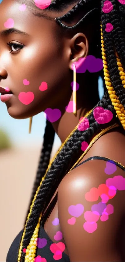 Portrait of a woman with braided hair in vibrant yellow, set against a serene backdrop.