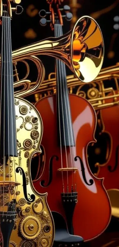 Ornate brass and string instruments artwork.