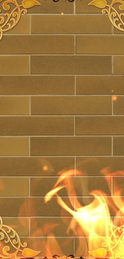 Golden brick wall with ornate pattern and flames.