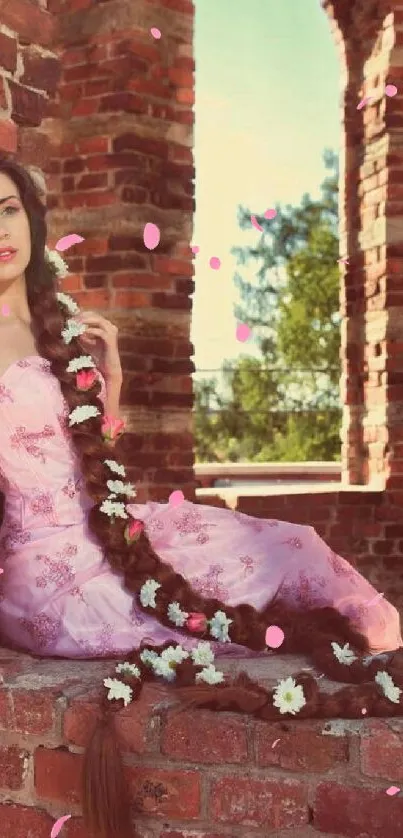 Woman in a pink dress with floral braid against a brick wall.