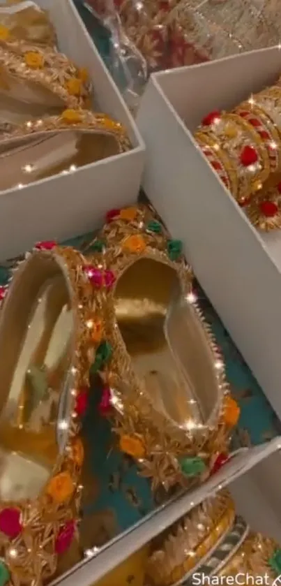 Golden Indian bridal accessories with colorful bangles and ornate shoes.