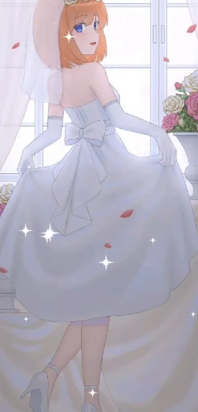 Anime bride in white gown with floral background.