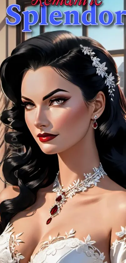 Elegant bridal art portrait with jewelry and dark hair in romantic setting.