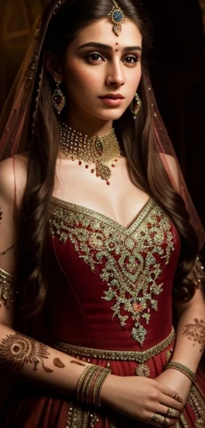 Portrait of a bride in elegant, traditional attire with intricate details.