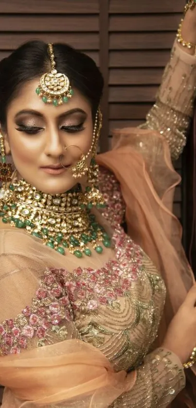 Elegant bridal portrait with intricate jewelry and traditional attire.