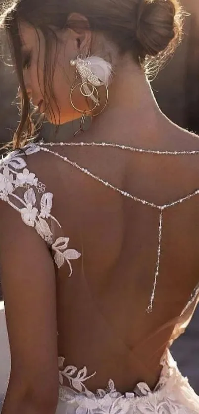 Back view of a bridal gown with lace details.