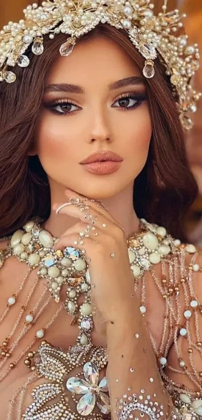 Elegant woman in bridal attire with intricate jewelry and peach tones.