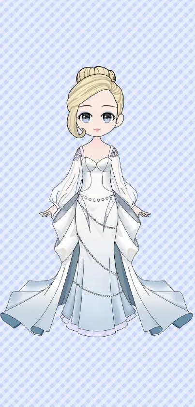 Elegant cartoon bride on blue background wallpaper.