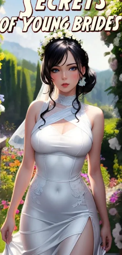 Digital art of an elegant bride in a scenic garden setting, wearing a white gown.