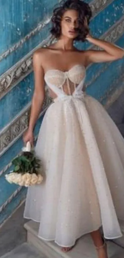 Elegant bridal dress against a vintage blue wall, perfect for stylish mobile wallpaper.