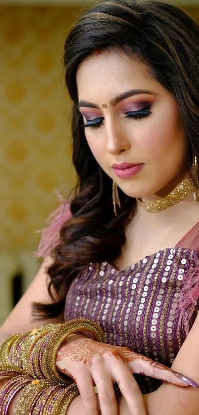 Elegant portrait of a woman in bridal attire with jewelry, makeup, and henna design.