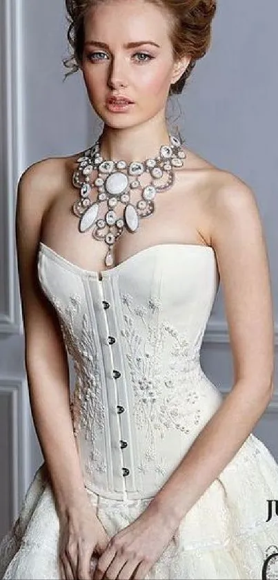 Model in elegant bridal corset dress with intricate details.