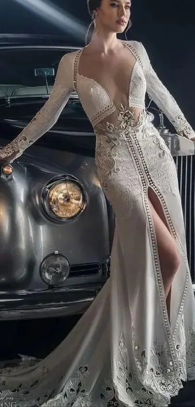 Elegant bridal gown with vintage car backdrop.