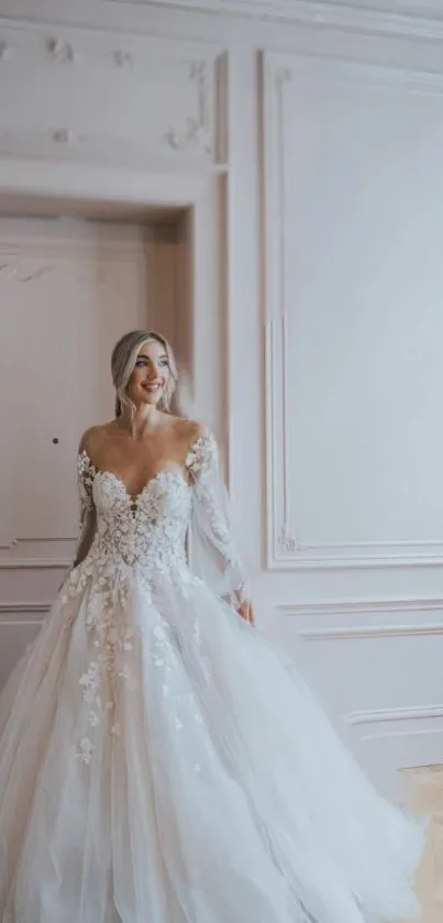 Bride in elegant white gown indoors.