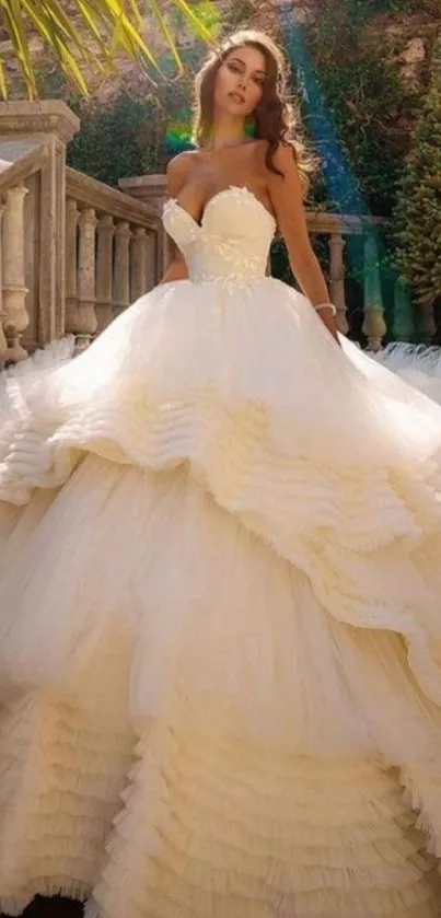 Elegant bridal gown with layered skirt in an outdoor setting.