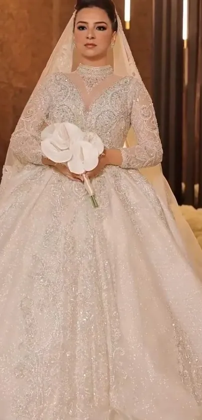 Elegant bride in a sparkling white gown holding flowers.