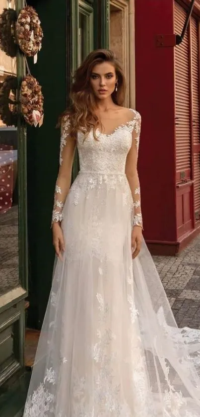 Bridal scene in city with elegant lace dress.