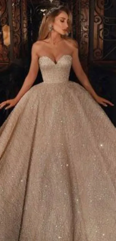 Elegant bridal gown with sparkling details in dimly lit setting.