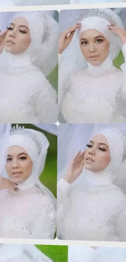 Four images of a bride wearing an elegant white headscarf.