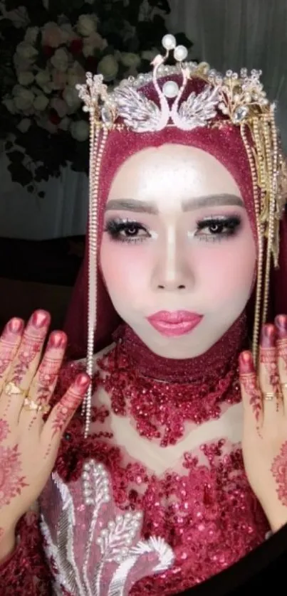 Elegant bride with henna and jeweled crown in maroon attire.