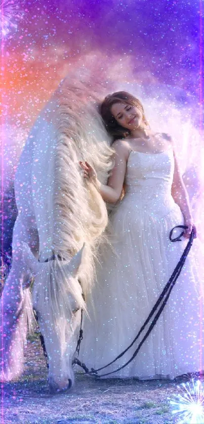 Bridal in white gown with horse under colorful sky backdrop.